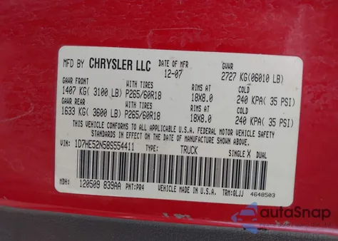 2008 Dodge Dakota Laramie z USA, uszkodzony, nr VIN 1D7HE52N58S554411